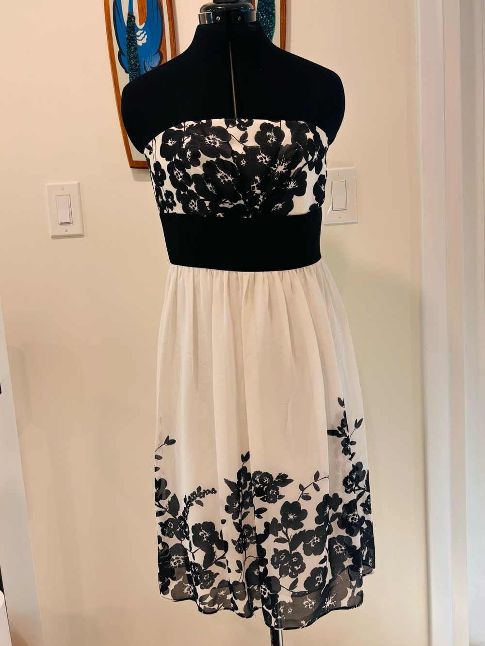 WHBM Strapless Black & White Floral Midi Dress